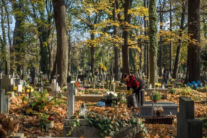 A woman cleans a grave, All Saints' Day in Poland. Image: Michel Meijer
