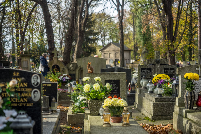 A squirrel is sitting on a tombstone and has a nut in its paws, All Saints' Day in Poland. Image: Michel Meijer