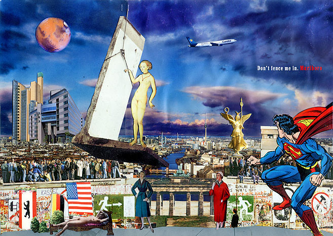 Die Berliner Mauer mit einer Luftaufnahme von Berlin. Collage: Tim Roeloffs.