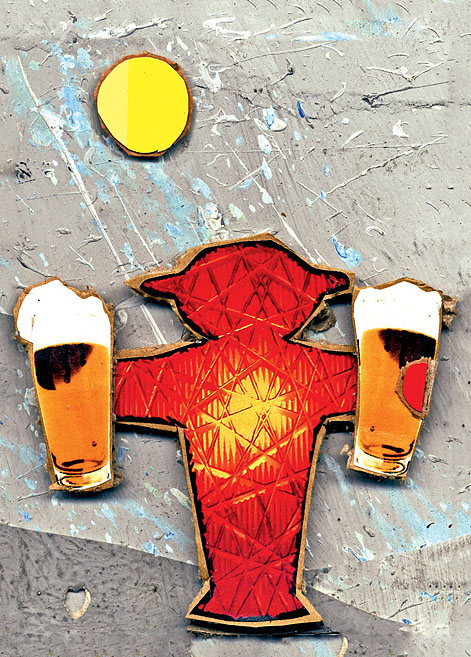 Ein Roter Ampelmann mit einem Glas Bier in jeder Hand. Collage: Tim Roeloffs.