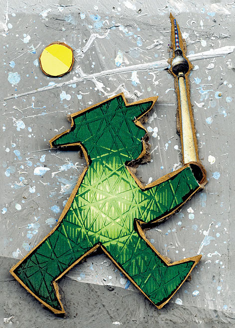 Een Grüne Ampelmann met de Berliner Fernsehturm in de hand. Collage: Tim Roeloffs.