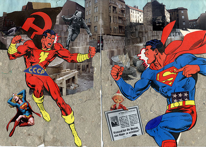 Der sowjetische Superman und der amerikanische Superman streiten sich an der Berliner Mauer. Collage: Tim Roeloffs.