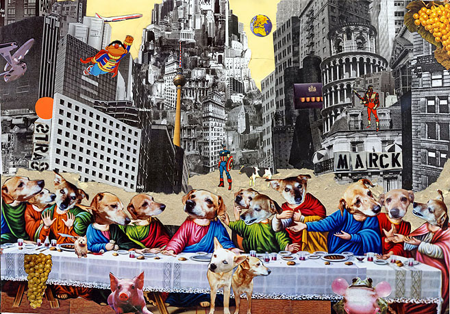Die 12 Apostel und Christus, alle mit Hundeköpfen, am Tisch. Collage: Tim Roeloffs.