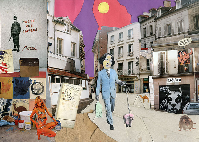 Der Schriftsteller Oscar Wilde geht mit seinem Hund in Berlin spazieren. Collage: Tim Roeloffs.