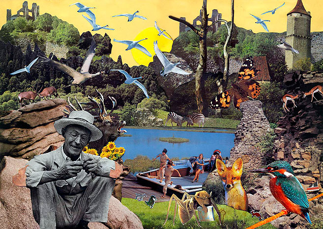 Der Schriftsteller Hermann Hesse sitzt im Paradies. Collage: Tim Roeloffs.