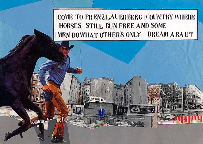 Ein Cowboy rennt neben seinem Pferd durch den Prenzlauer Berg in Berlin. Collage: Tim Roeloffs.