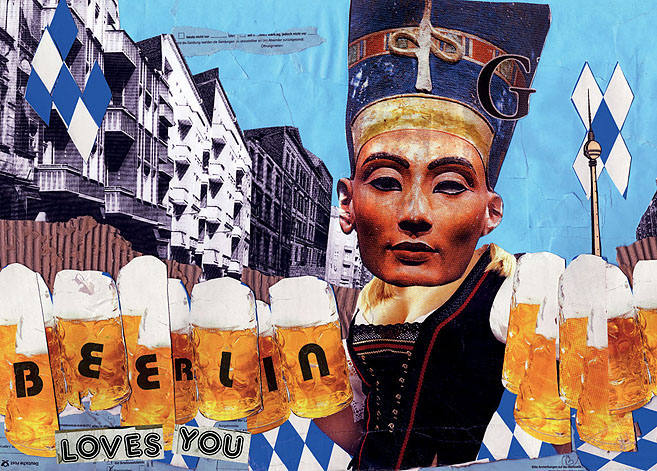 Nefertiti schenkt während des Oktoberfestes Bier aus. Collage: Tim Roeloffs.