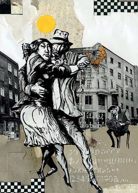 Ein Paar tanzt auf der Straße zur Musik eines Akkordeonspielers. Collage: Tim Roeloffs.