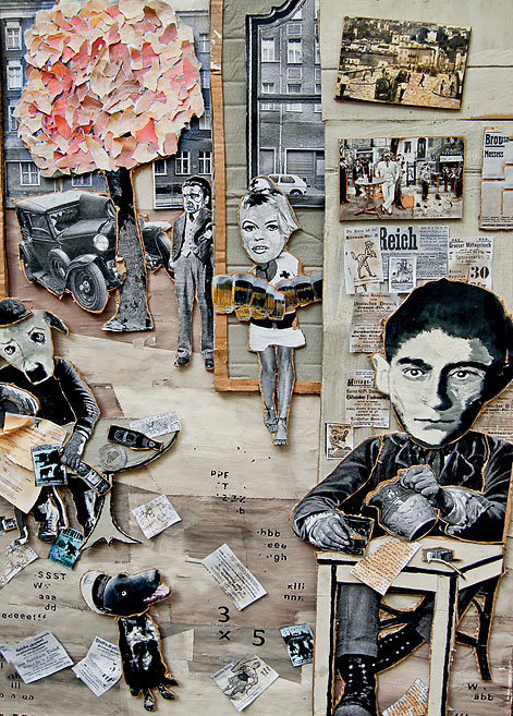 Der Schriftsteller Franz Kafka sitzt in einem Café. Collage: Tim Roeloffs.