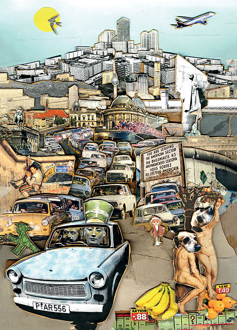 Karl Marx und Nefertiti fahren in einem Trabant nach West-Berlin. Collage: Tim Roeloffs.