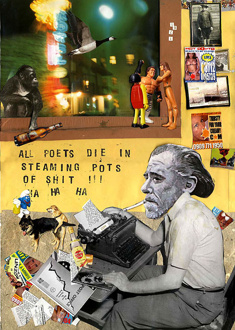 Der Schriftsteller Charles Bukowski sitzt hinter einer Schreibmaschine am Arbeitstisch. Collage: Tim Roeloffs.