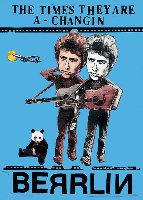 Zwei Bob Dylans laufen mit Gitarre durch Berlin. Collage: Tim Roeloffs.