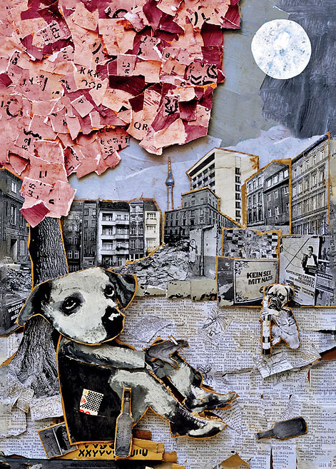 Ein Mann mit einem Hundekopf sitzt in Berlin und raucht eine Zigarette. Collage: Tim Roeloffs.