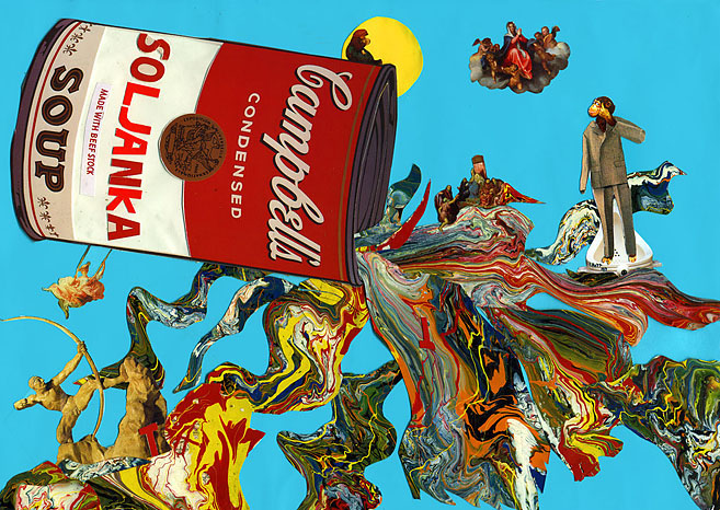 Eine Dose mit Soljanka, aus der viele Farben fließen. Collage: Tim Roeloffs.