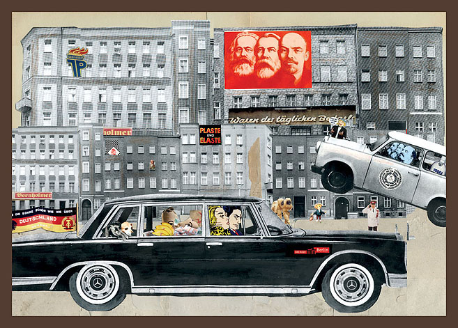 Ein schwarzer Mercedes fährt durch das sozialistische Berlin. Collage: Tim Roeloffs.