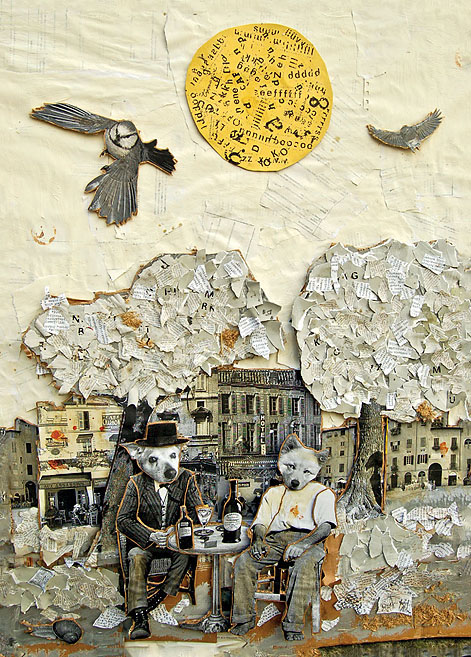 Zwei Männer mit Hundeköpfen sitzen auf einer Terrasse und trinken Wein. Collage: Tim Roeloffs.