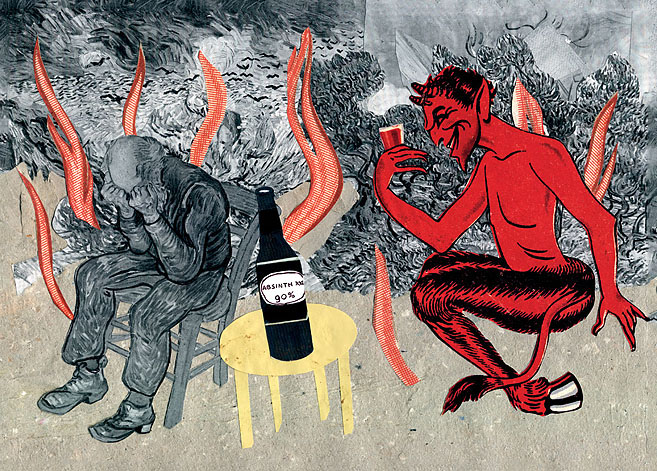 Der Teufel und ein Mann trinken Absinth. Collage: Tim Roeloffs.