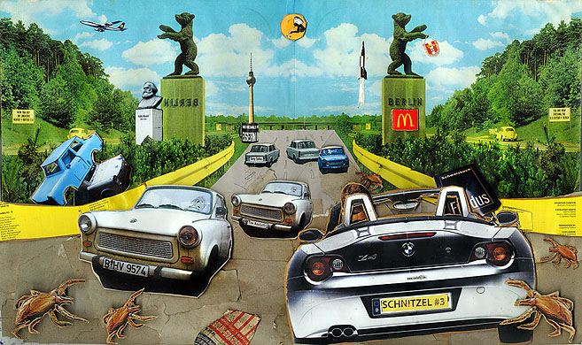 Die Stadtgrenze Berlins, wo die Autos in die Stadt ein- und ausfahren.&nbsp; Collage: Tim Roeloffs.