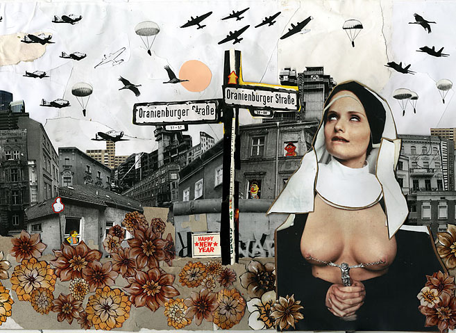 Eine Nonne läuft die Oranienburger Straße in Berlin entlang. Collage: Tim Roeloffs.