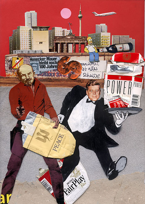 Wladimir Lenin und John F. Kennedy an der Berliner Mauer. Collage: Tim Roeloffs.