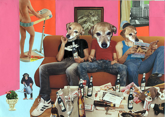 Drei Männer mit Hundeköpfen sitzen auf einem Sofa in einem Wohnzimmer und trinken Bier. Collage: Tim Roeloffs.