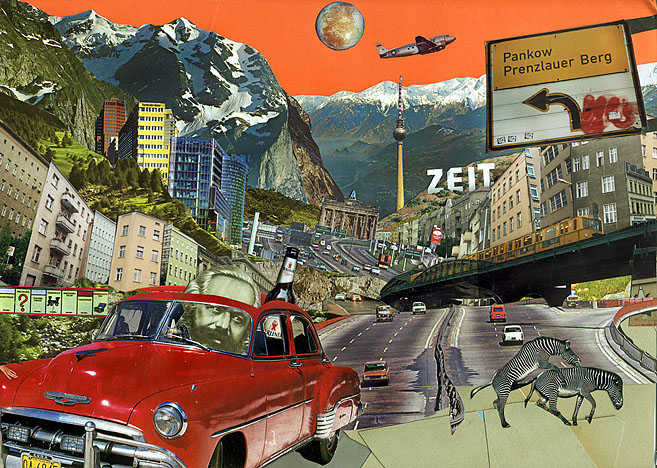 Karl Marx fährt ein rotes Auto auf der Autobahn. Collage: Tim Roeloffs.